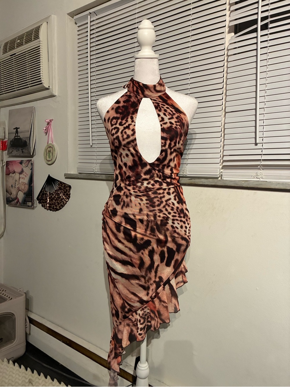 Fashion Nova Brown Animal Print Halter Keyhole Asymmetrical Dress